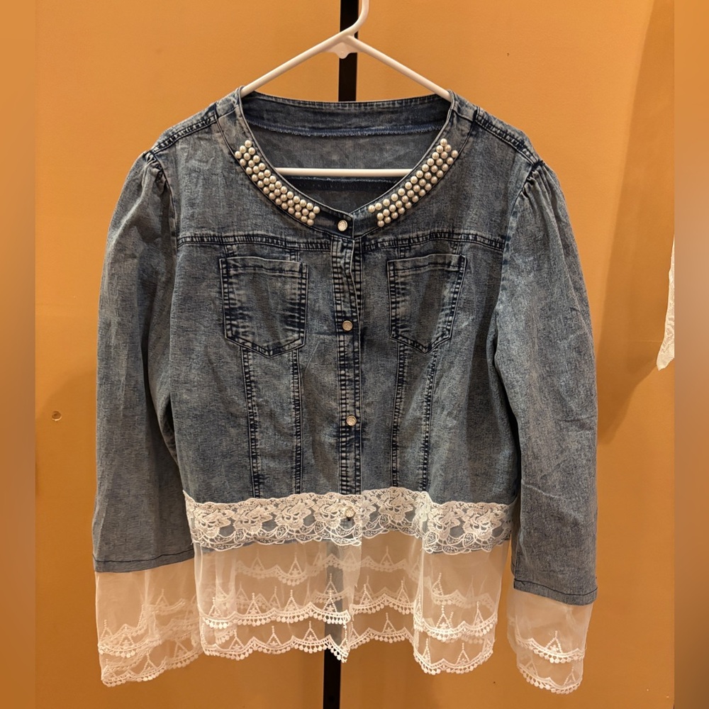 Denim Shirt/Jacket with Pearl Accents and Lace Trim. Size 2X. Never Worn.